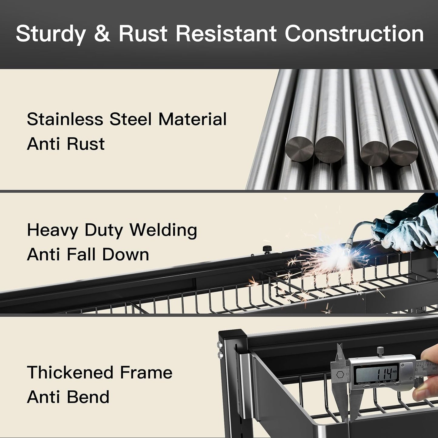 3 Tier Extra Large Stainless Steel Expandable Over The Sink Dish Drainer Drying Rack, Rust Proof Metal, Space Saving, Modern Black Big Capacity Extendable Plate Strainers Above Kitchen Counter