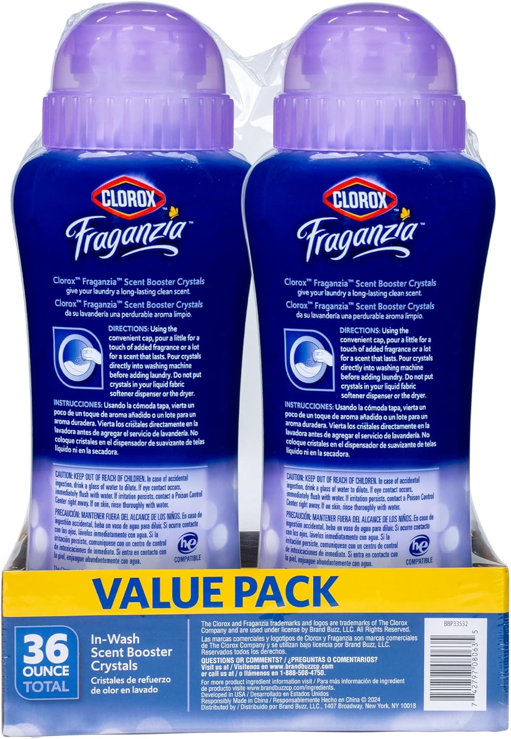 Clorox Fraganzia Laundry Scent Booster Crystals in Dreamy Jasmine Scent - Scented In-Wash Freshener Beads for Fresh, Clean, Great Smelling Clothes and Linens, 18 Oz - 2 Pack