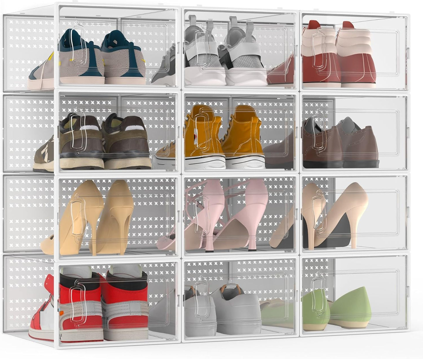 12 Pack XX-Large Modular Clear Plastic Stackable Shoe Storage Organizer for Closet, Space Saving Versatile Sneaker Shoe Rack Containers Bins Holders, Portable Closet Organizers and Storage, White