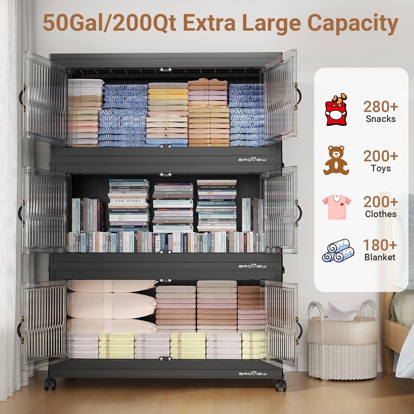 BROVIEW 800Qt Extra Large Stackable Storage Bins with Lid, Closet Organizer Collapsible Drawer Boxes with Wheels, Folding Plastic Cabinet Containers for Home Kitchen Room Organization, 4Pack Black