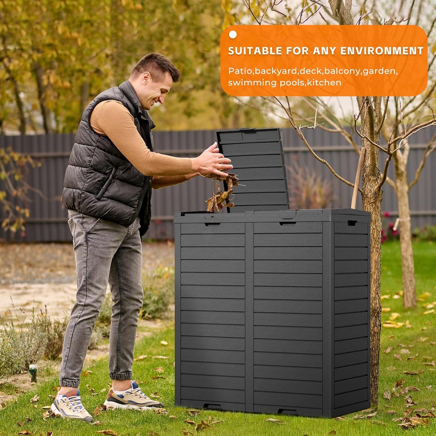 62-Gallon Outdoor Trash Can with lid, Waterproof, UV-Resistant Resin Garbage Can, Lockable Lid and Drip Tray, Animal-Proof, for Patio, Kitchen, Backyard and Deck