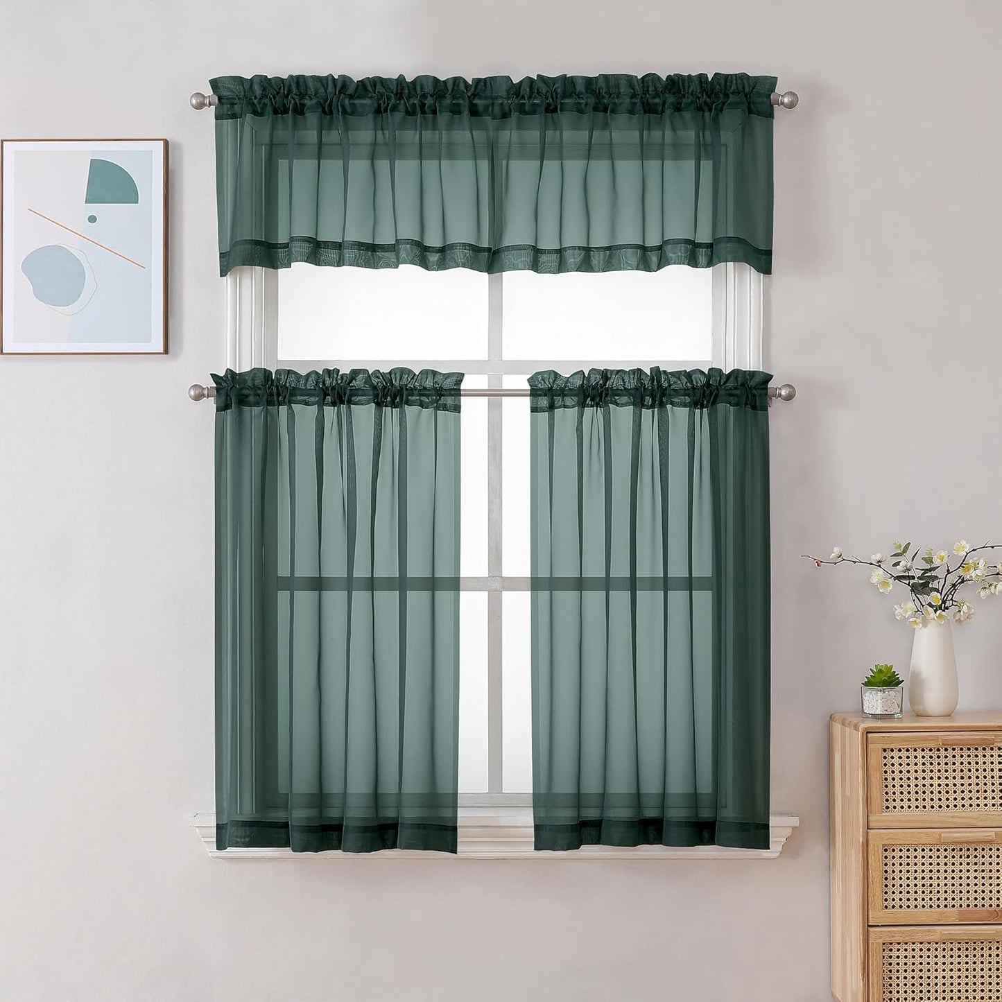 Chyhomenyc Sheer Valances for Windows 2 Pack, Small Window Curtains for Living Room Bathroom, Modern Top Dual Rod Pocket Basement Curtains for Small Window, 42Wx14L inches, 2PCS, Hunter Green