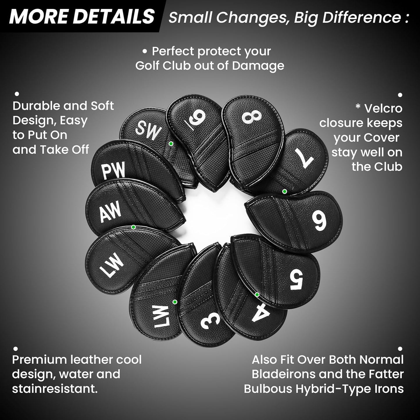 Amy Sport Golf Iron Head Covers Value 12 Pcs Set Thick Synthetic Leather, Protection Weatherproof Club Headcover Fit Universal Main Iron Wedge Golf Clubs for Men Women