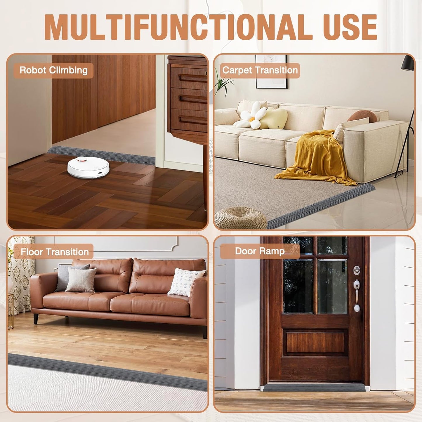 Floor Transition Strip Self Adhesive Vinyl Door Threshold for Doorways Carpet Edging Trim Overlap Edge Reducer for Laminate Floor, Carpet, Tile (Deep Gray Wood Grain, 3/5" to 4/5", 6.6Ft)