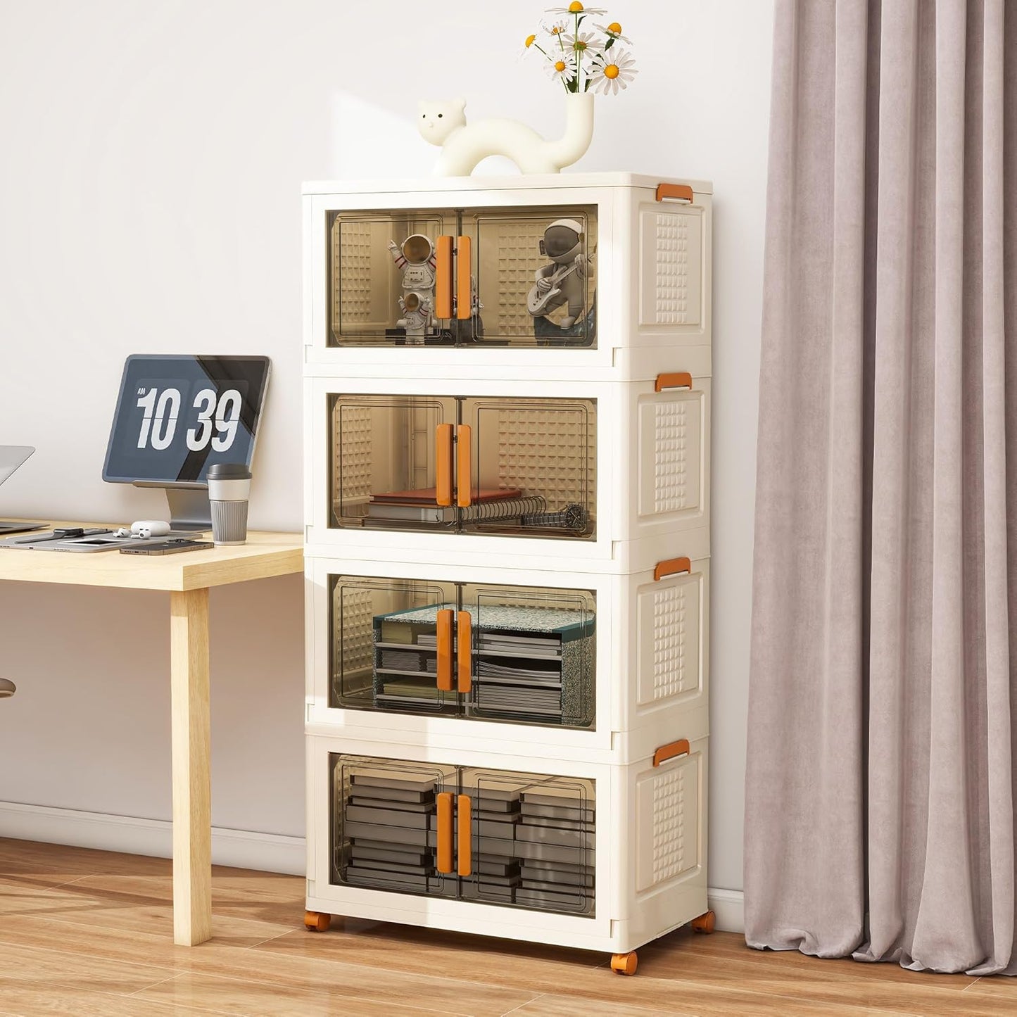 4 Tier Large Stackable Plastic Storage Bins with 1 Lid 95 QT/Tier, Collapsible Plastic Box Storage Bin with Wheels, Home Containers Boxes Closet Organizers for Living Room, Office, Dorm