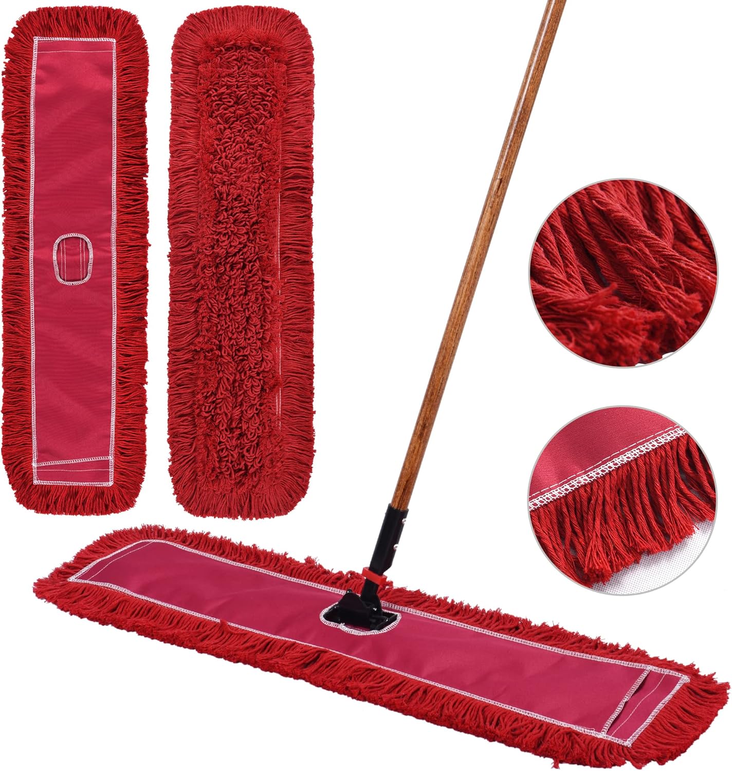 Matthew Cleaning 36'' Industrial Strength Cotton Dust Mop Refill Washable Replacement Heads for Residential & Commercial Use Fit Standard Dust Mop Frames, Hardwood, Concrete Floors Red 3 Pack