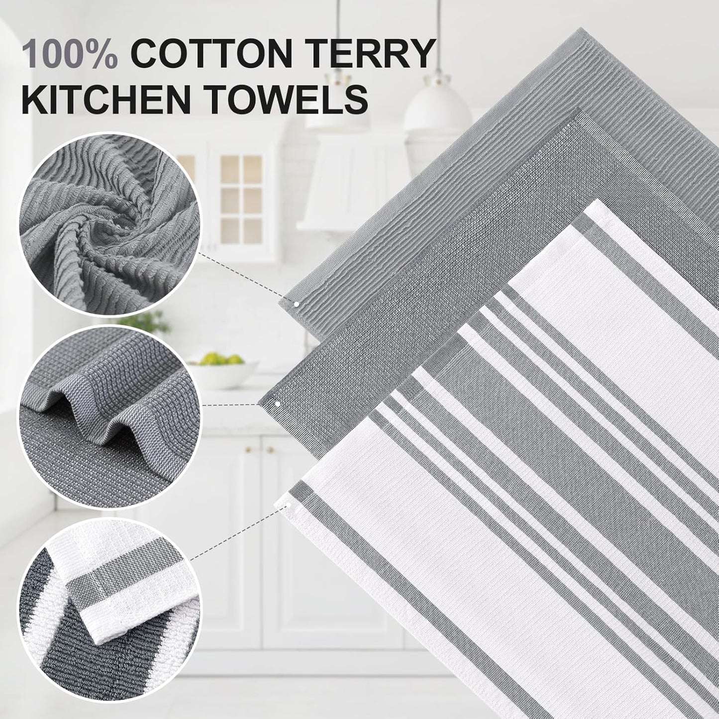 Homaxy Premium Kitchen Towels(18”x 28”, 6 Pack), Large Cotton 380 GSM Kitchen Hand Towels, Soft and Absorbent Terry Dish Towels, Multipurpose Tea Towel Set with Hanging Loop, Grey
