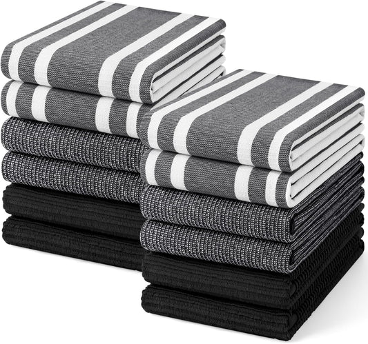 Homaxy Premium Kitchen Towels(18”x 28”, 12 Pack), Large Cotton 380 GSM Kitchen Hand Towels, Soft and Absorbent Terry Dish Towels, Multipurpose Tea Towel Set with Hanging Loop, Black