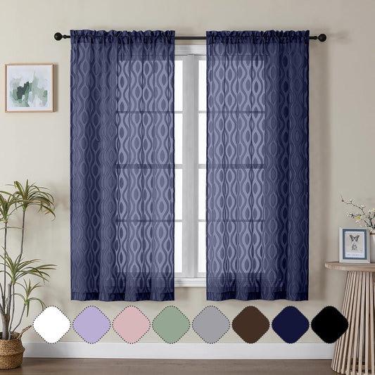 Aiyufeng Blue Sheer Curtains 63 Inch Length 2 Panels Set, Airy Light Filtering Solid Clip Jacquard Farmhouse Curtians for Bedroom Living Room, Modern Wavy Line Panel Curtains, 40" WX63 L Inches