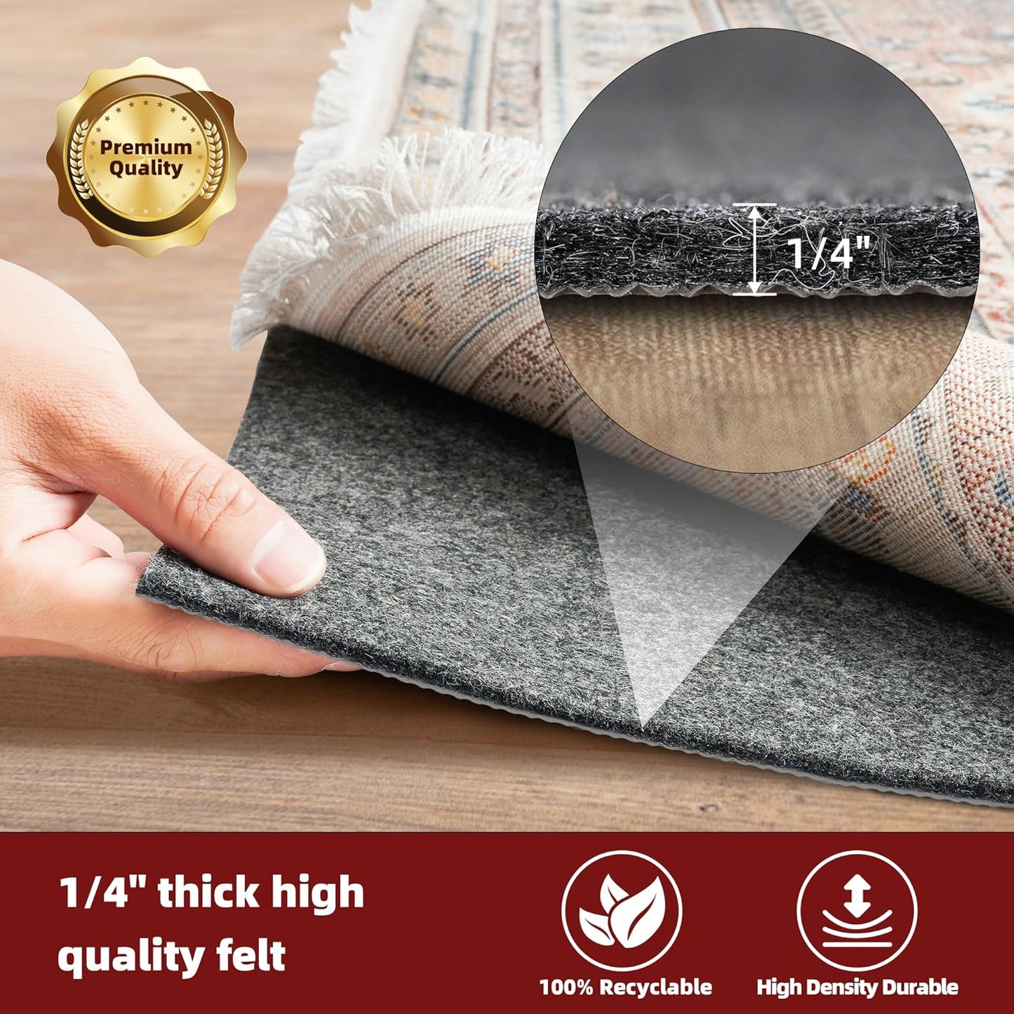 BAGAIL Felt and Natural Rubber Backing Rug Pads 1/4” Thick, Round 6 Ft Non Slip Carpet Gripper Keep Rugs in Place, Under Area Rug Protective Cushioned Pads, Carpet Runners, Hardwood Floors Protection