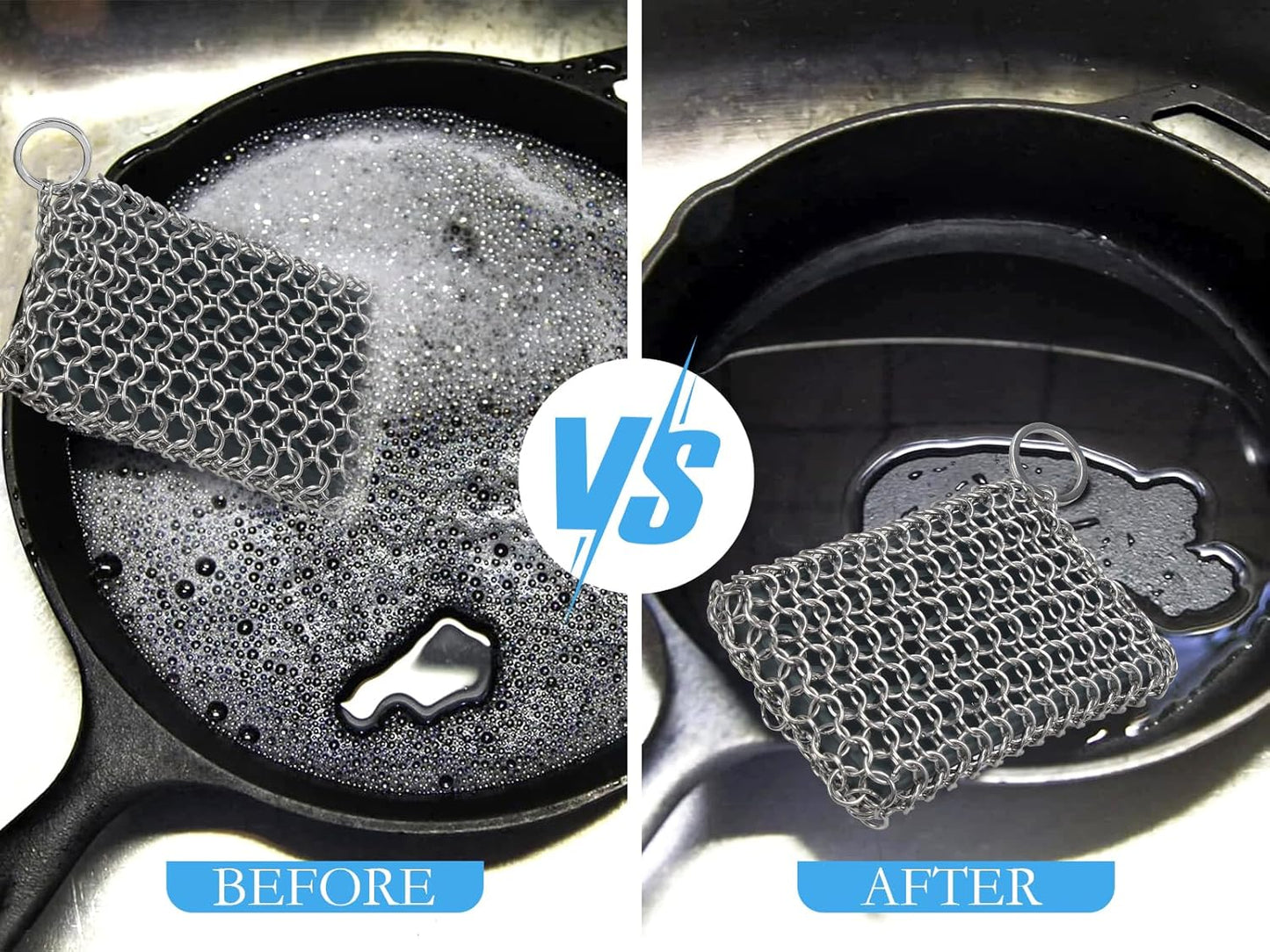 Herda Chain Mail Cast Iron Cleaner Scrubber,316 Chainmail Pan Scrubber Metal Cleaning Brush, Pad, Sponge Scraper to Clean Skillet,Dutch Oven, Wok,Grill Griddle,Chain Link Scrub Brush Pot Care Kit