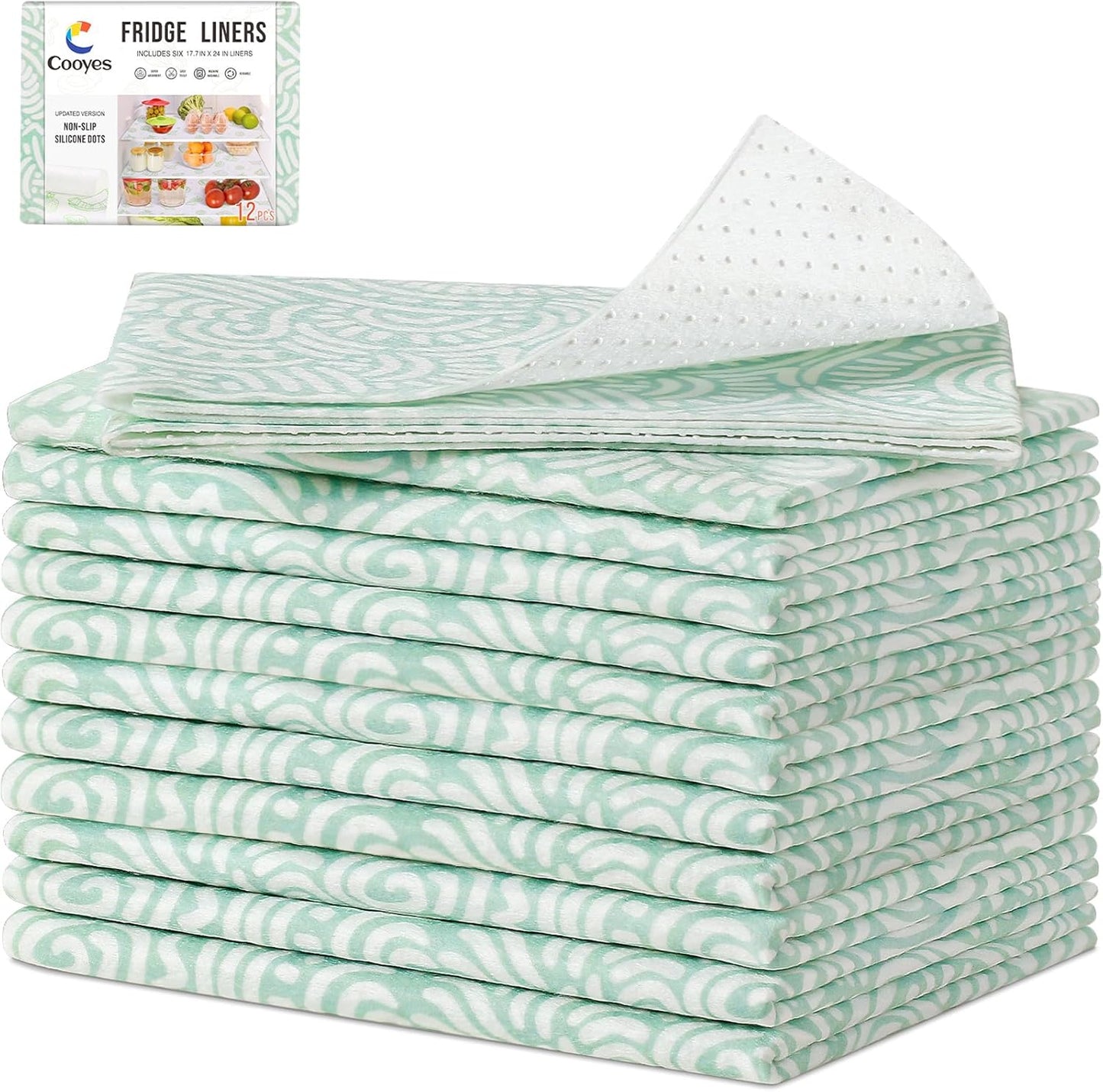 Cooyes Non-Slip Refrigerator Liners for Shelves, 17.7" × 24", 12 Pack, Large Fridge Drawer & Shelf Liners for Kitchen Cabinets Non-Adhesive, Breathable Material, BPAfree, Keep Produce Fresh Longer