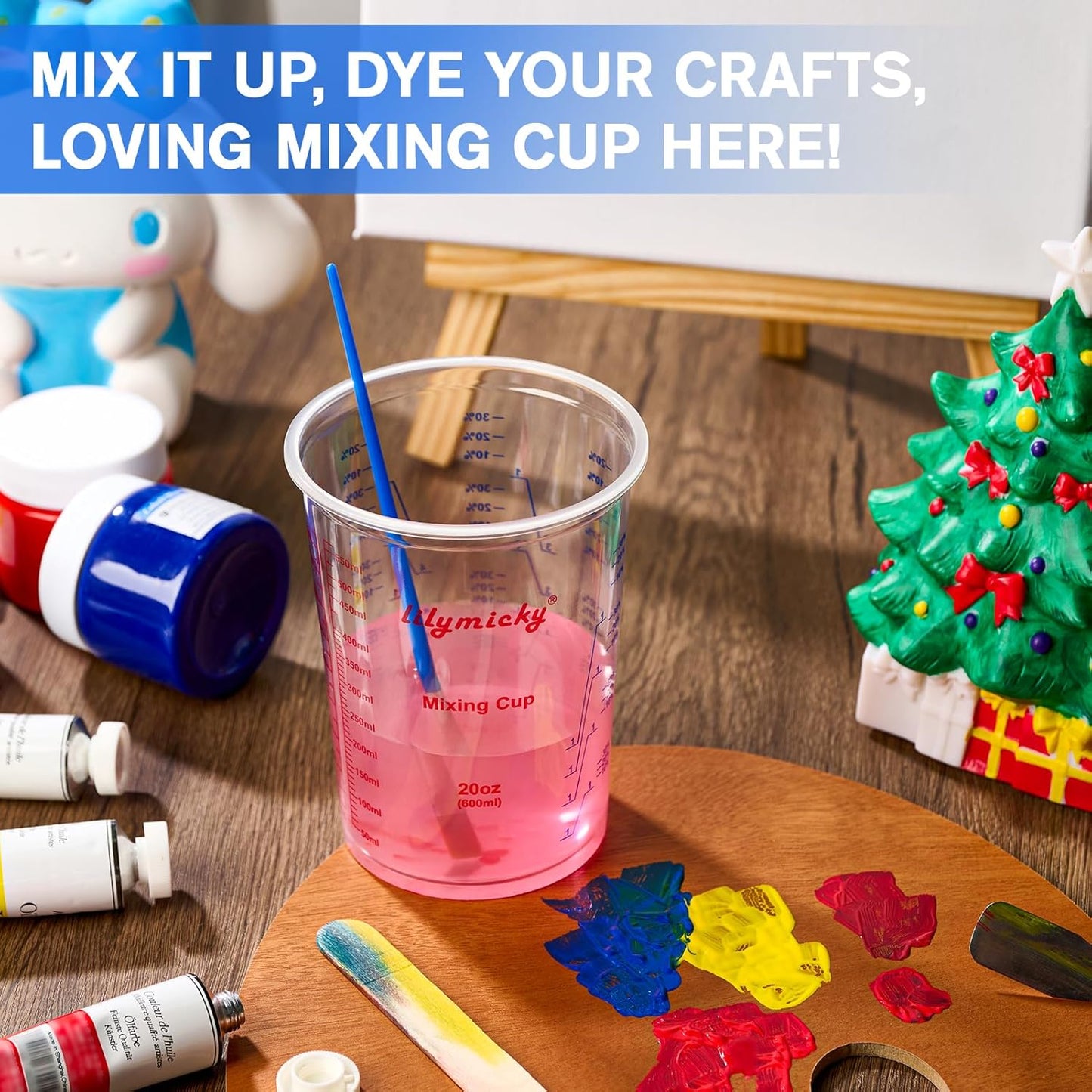 100 Pack Plastic Mixing Cups, 20 oz (600ml), Disposable Measuring Cups with 50 Wooden Mixing Sticks, Measurement ratios: 2:1, 3:1, 4:1, Suitable for Epoxy Resin, Liquid Measuring, and Paint