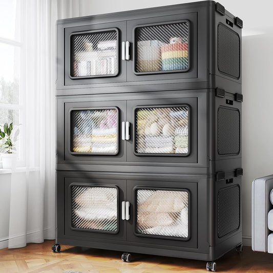 BROVIEW 900 Qt Stackable Storage Bin with Lid, 225Gal Extra Large Collapsible Storage Boxes, Folding Plastic Drawer, Heavy-Duty Store Cabinet, Closet Organizer for Home Kitchen, 3 Pack Black