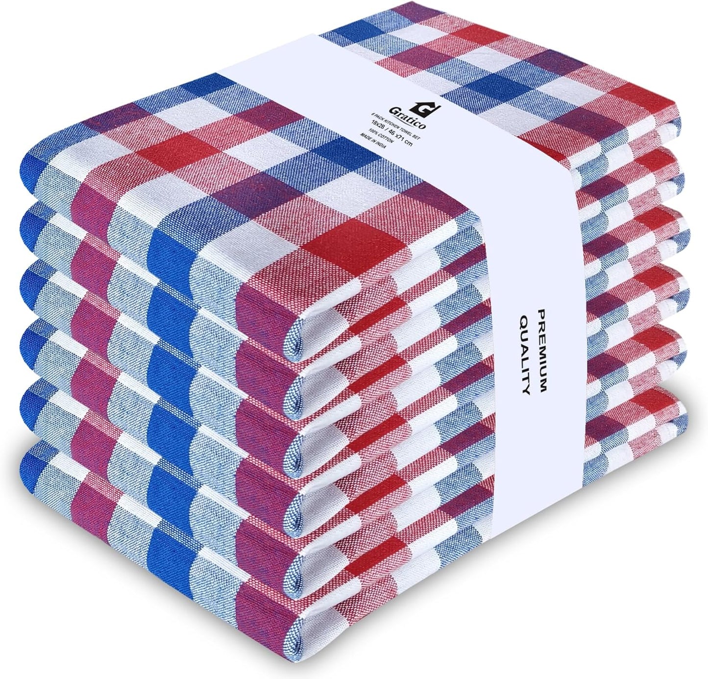 July 4th KitchenTowels Patriotic DishTowels 100% Cotton (Set of 6) 18X28 Inches Highly Absorbent Soft Durable Reusable & Washable Kitchen Towels (Red/Blue/White Buffalo Checks)