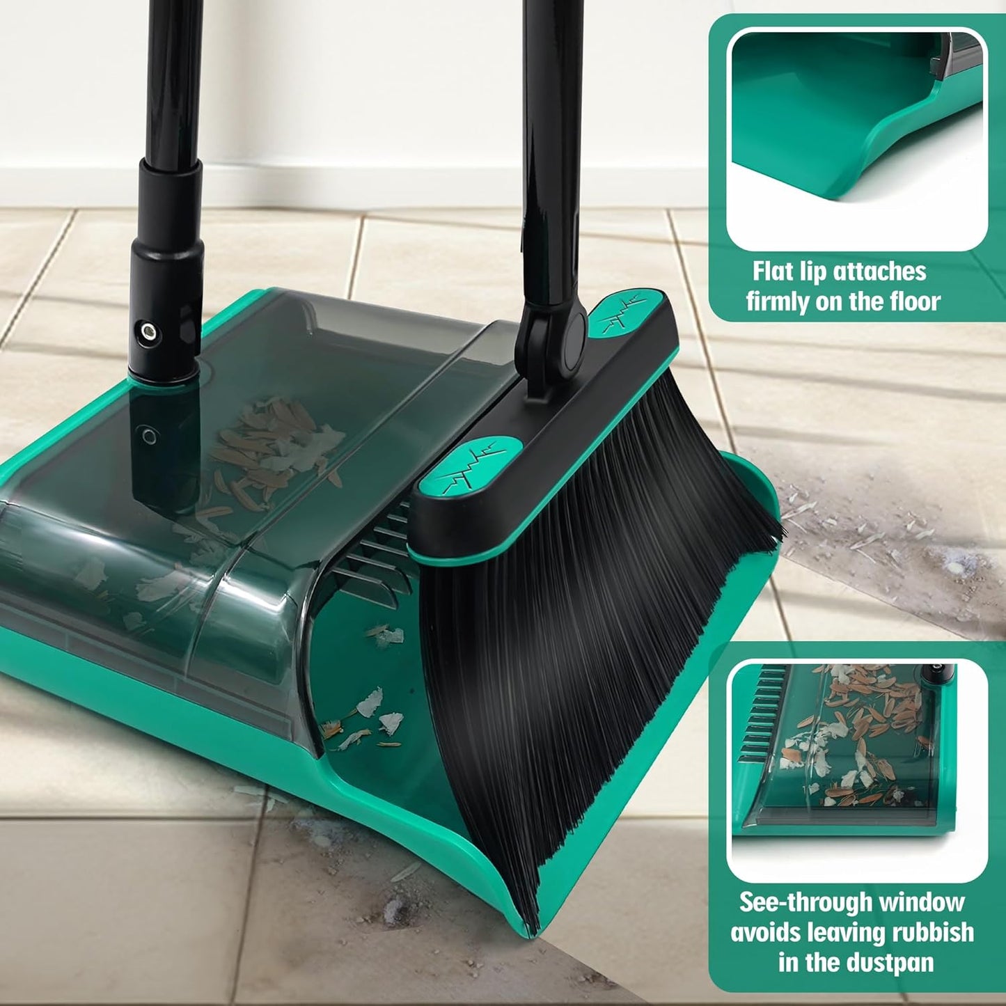 JEHONN Broom and Dust Pan, Upgraded Large Foldable Dustpan with Comb Teeth, 53.5 inches Long Handle Swivel Brush Indoor for Home Kitchen Lobby Floor Cleaning (Green)