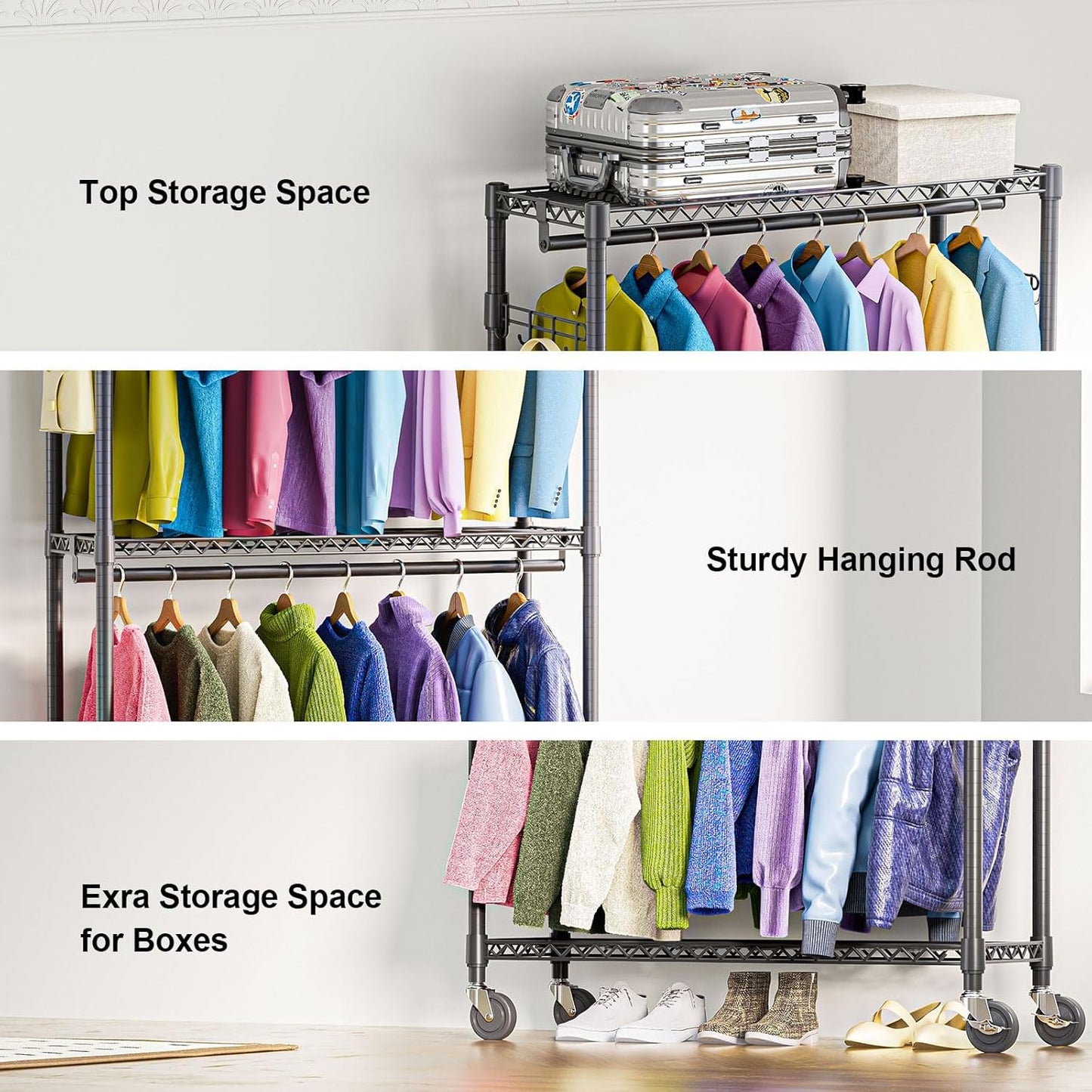 Heavy Duty Rolling Garment Rack 3 Tiers Adjustable Wire Shelving Clothes Rack with 2 Rods and Side Hooks,Storage Closet Clothing Rack with Wheels Black 15.7" D x 45.3" W x 79.6" H