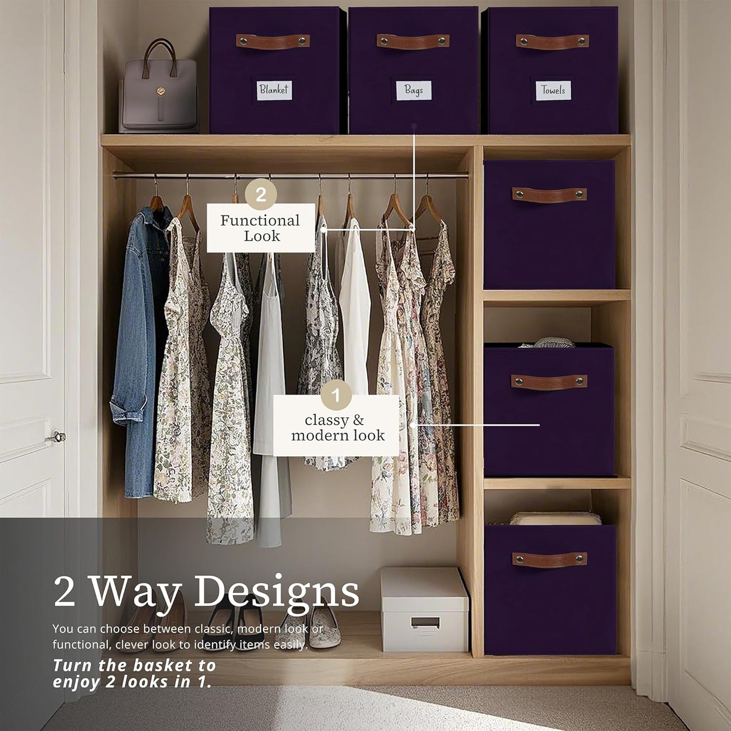 DECOMOMO Storage Baskets, 13x15x13 Storage Cube Bins with Labels for Organizing Shelves Kallax (Kallax / 4pcs, Deep Purple)