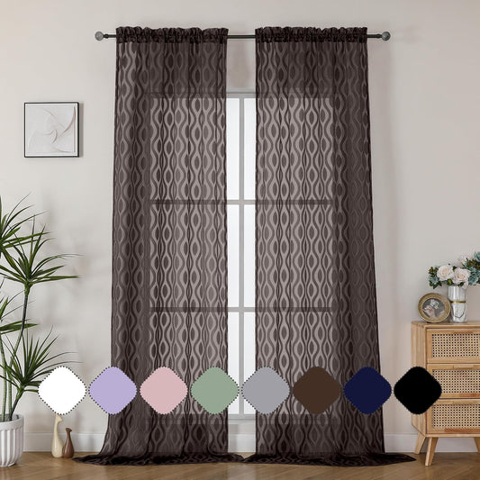 Aiyufeng Sheer Curtains 96 Inches Long for Bedroom and Living Room, 2 Panels, Farmhouse Wavy Line Light Filtering Clip Jacquard Solid, Rod Pocket, Brown, 40" W x 96" L