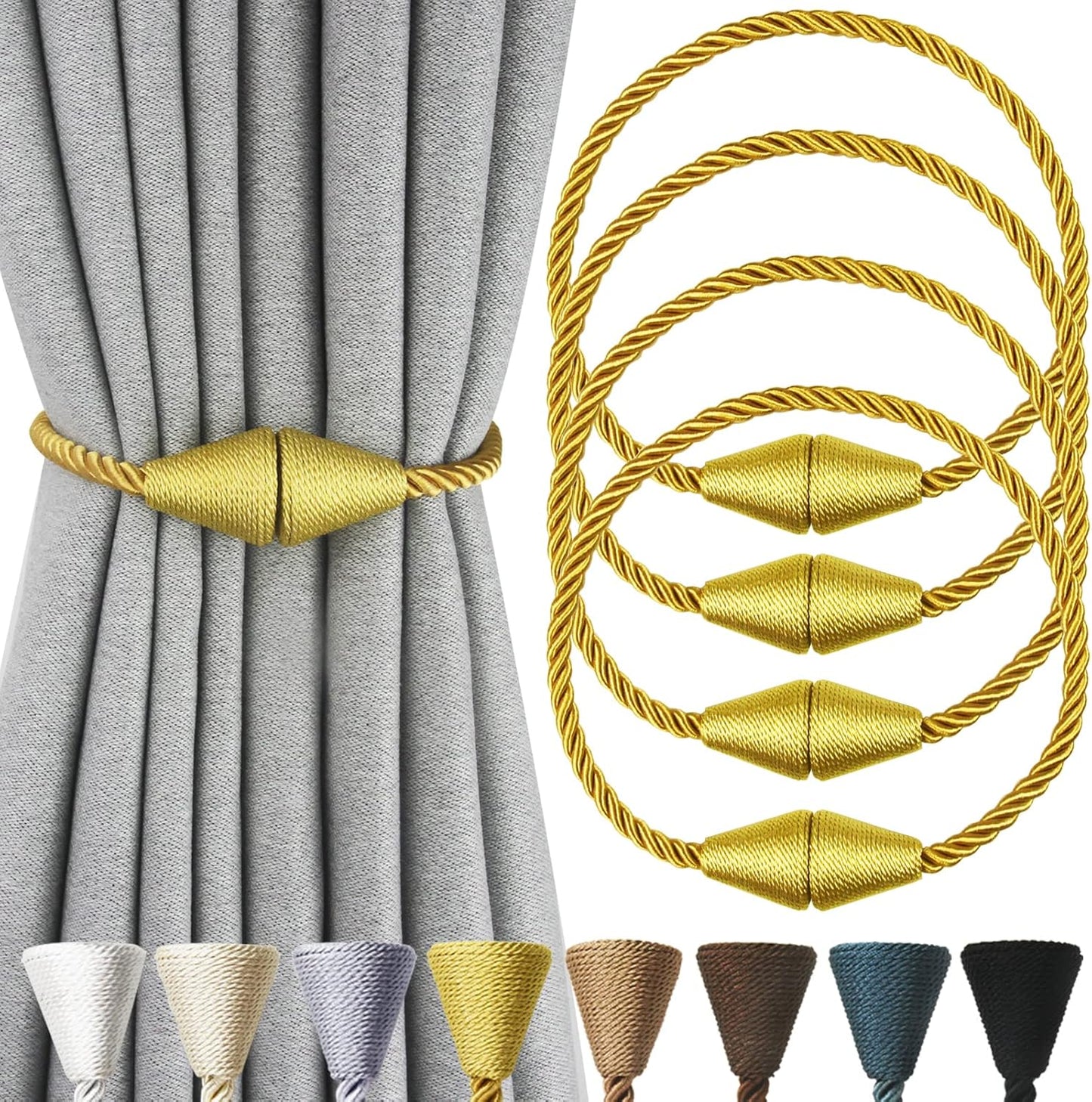 4 Pack Magnetic Curtain Tiebacks Rope Modern Handmade Curtain Tie Backs Decorative Drapes Weave Holdbacks for Window Décor, Gold