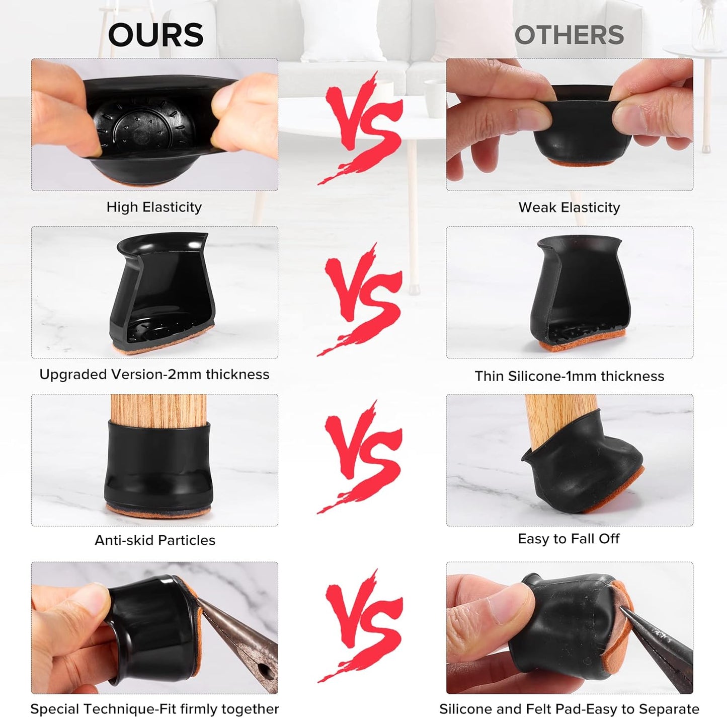 24PCS Upgraded Silicone Chair Leg Floor Protectors for Hardwood Floors, Furniture Sliders for Chair Legs, Felt Bottom Furniture Pads, Anti-Slip Round&Square Cap Covers to Scratch and Reduce Noise