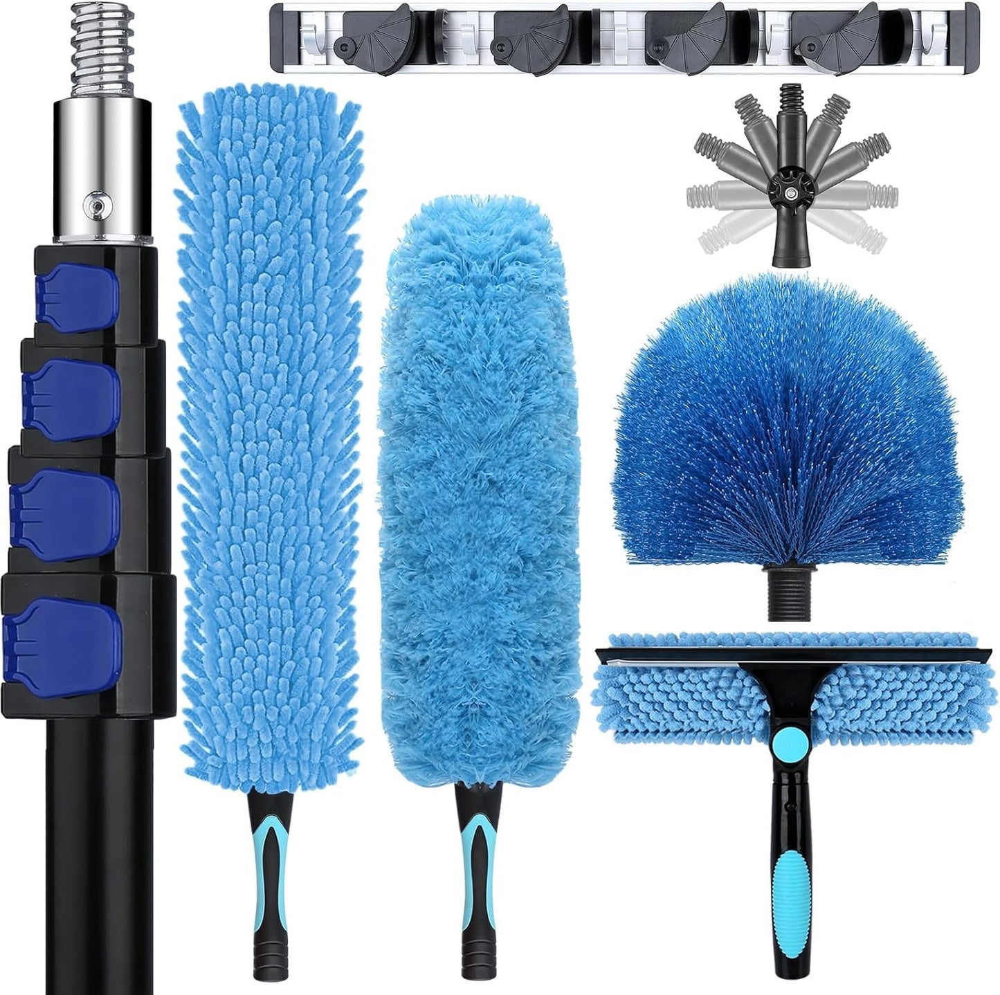 36ft High Ceiling Duster Kits with 5-30ft Heavy Duty Extension Pole - Fan Blade Cleaner, Cobweb Remover & Blue Window Squeegee Kit, Washable Dust Brush for High Roof and Glass Surfaces