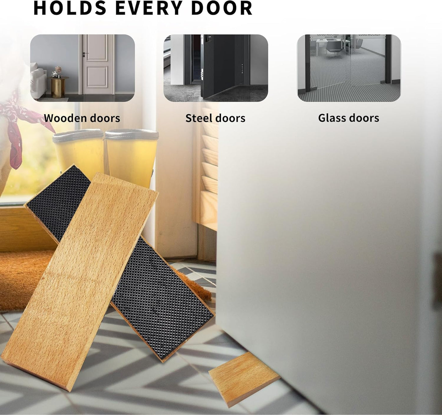 4 Pack Wooden Door Stop - Non-Slip Door Stoppers for Floor - Door Wedges for All Door Types and Surfaces - Each Door Stopper 2inch Thick, 6.3inch Long with Rubber