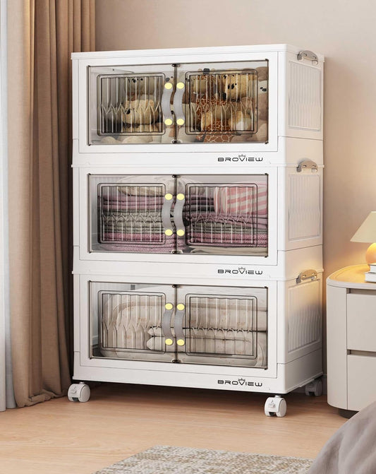 BROVIEW 135Qt Stackable Storage Bins with Lid, Extra Large Closet Organizer Collapsible Drawer Boxes with Wheels, Folding Plastic Cabinet Containers for Home Kitchen Room Organization, 3Pack White