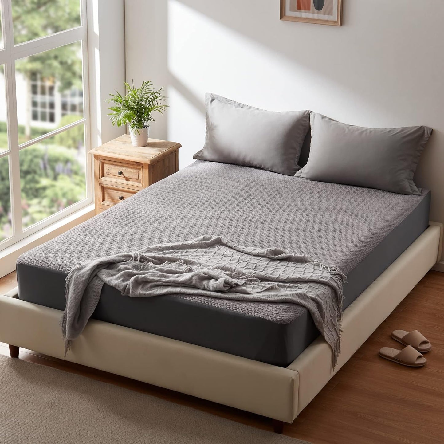 Hanherry 100% Waterproof Full Size Mattress Protector, Grey, Rayon Made from Bamboo, 3D Air Fabric, Cooling, 16 inch Deep Pocket, Noiseless