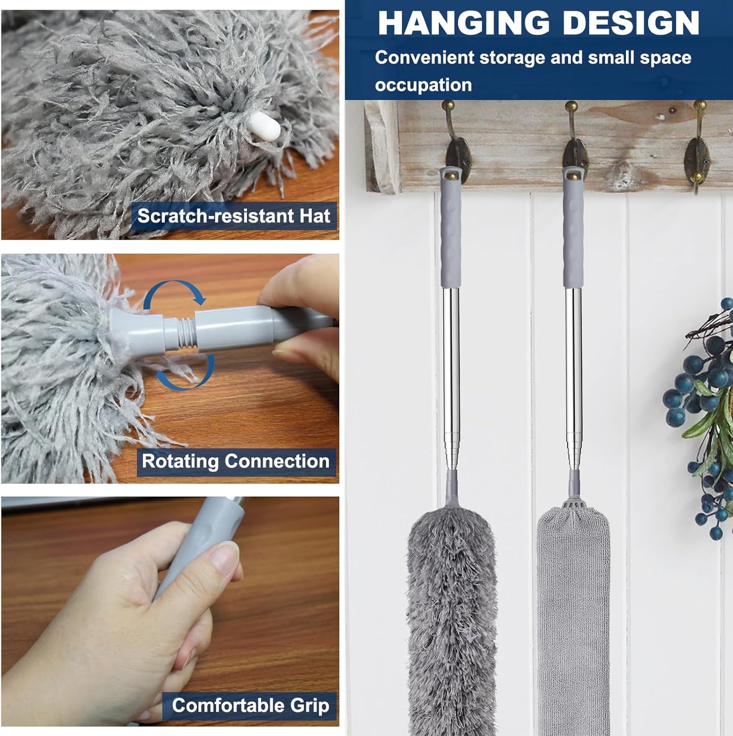 100 Inch Retractable Gap Dust Cleaner Cleaning Tools & Microfiber Feather Duster Washable and Retractable Duster Brush for Cleaning Under Appliances Furniture Ceiling Fan Dust and Cobweb Cleaner