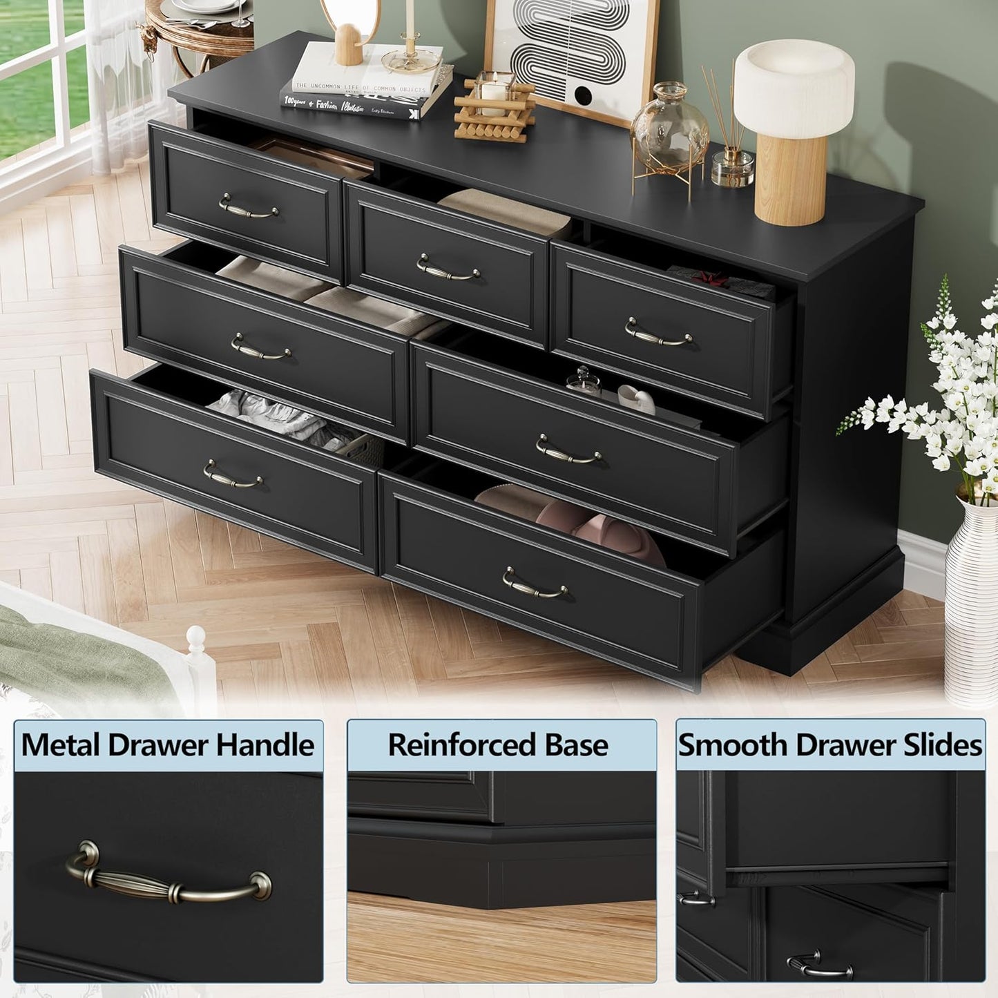 7 Drawer Dresser for Bedroom, 57" Wide Wooden Chest of Drawers, Rustic Farmhouse Dresser with Large Drawers & Metal Handles, Modern Storage Organizer for Closet, Living Room, Hallway, Black