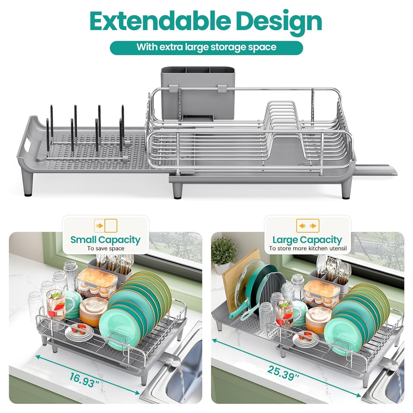 Expandable Dish Drying Rack, Foldable Dish Rack for Kitchen Counter, Stainless Steel Collapsible Dish Drainer Racks with Cutlery Holder, Gray