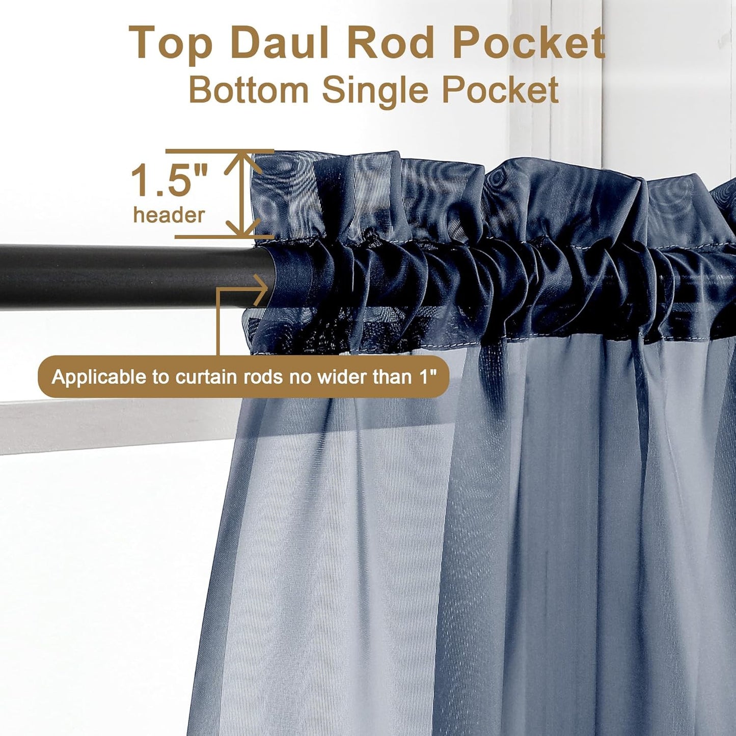 Chyhomenyc Sheer Navy Blue Curtains 90 inches Long 2 Panels, Light Filtering Soft Airy Solid Elegant Voile Window Treatment Drapes for Bedroom Living Room Wedding Party Decor, 42 Wx90 L Inches