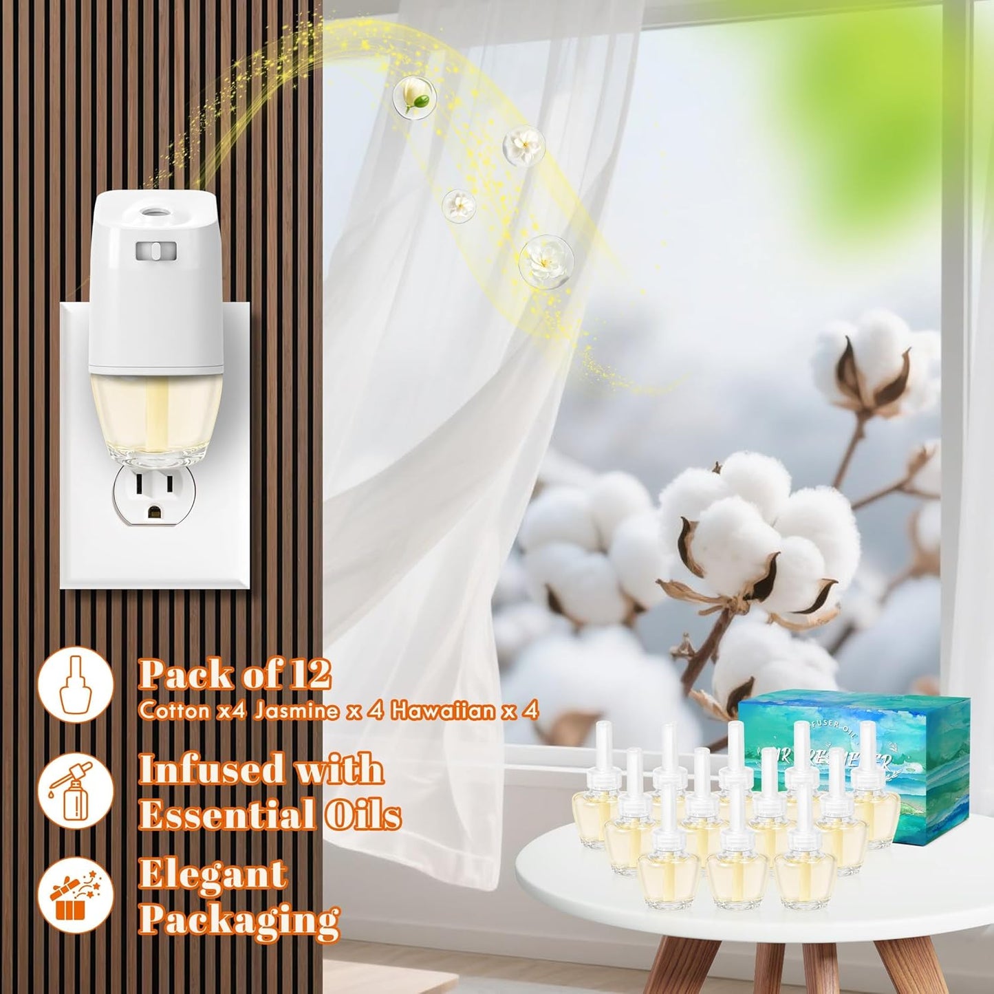 Plug in Air Fresheners Refills, Essential Oil Scented Refill with 2 Warmer, Jasmine, Hawaiian, Cotton, Long Lasting Home Fragrance for Bathroom, Compatible with Airwick, Compatible with Glade