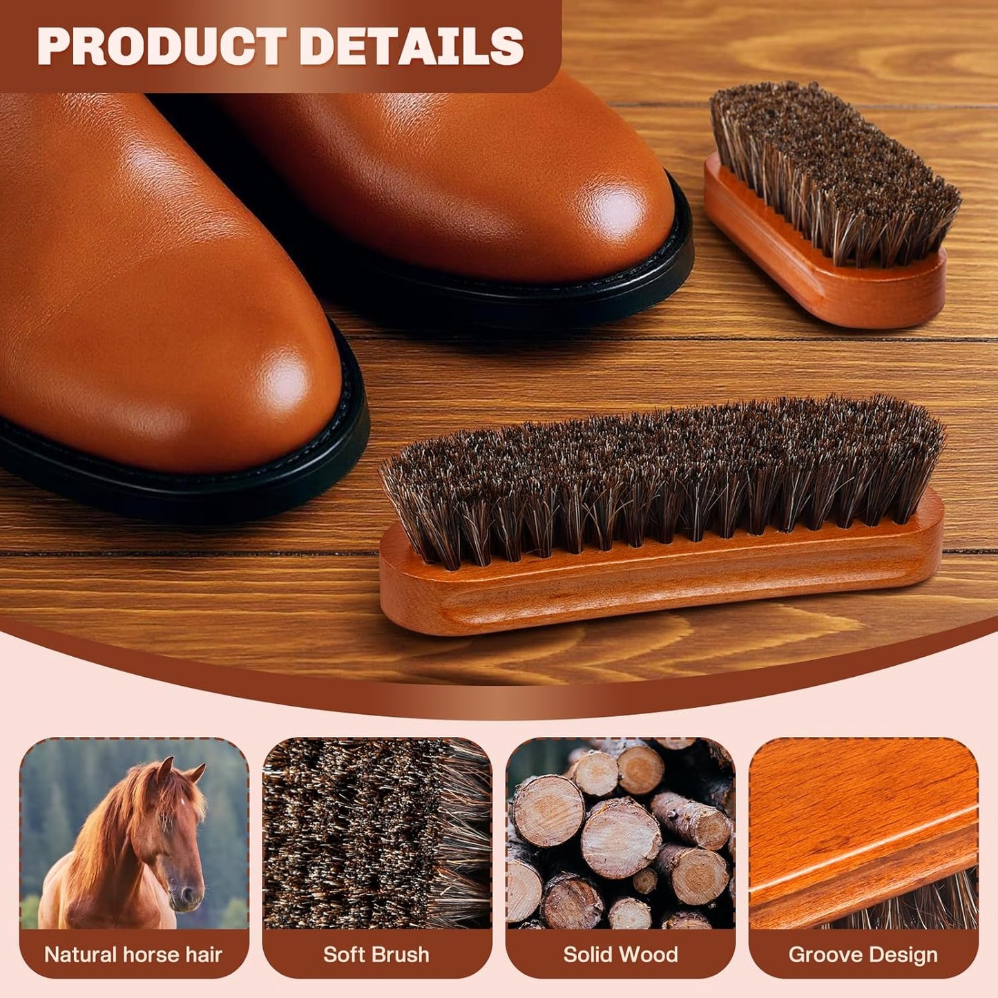 2 Pcs Horsehair Shine Shoes Brush Kit Polish Dauber Applicators Cleaning Leather Shoes Boots Care Brushes Suede Cleaner Brush(Brown Concaved Brush)