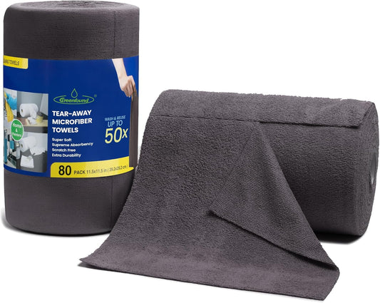 Greenfound Microfiber Cleaning Cloth Roll -80 Pack, 11.5x11.5, Tear Away Towels, Reusable and Washable Rags, Grey