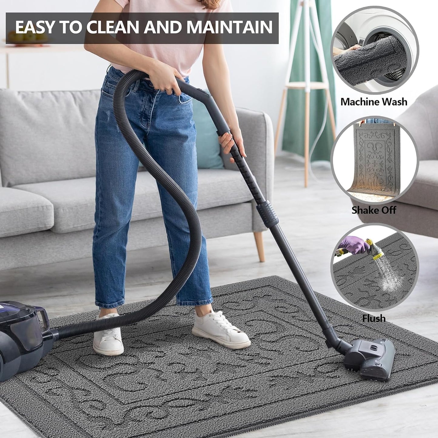 FONEYI Indoor Door Mat 20" x 32", Dirt Trapper Door Mats Non-Slip Entryway Rugs Washable, Absorbent Resist Dirt Welcome Mat, Low Profile Inside Floor Mats for Front Back Door and Entryway, Grey