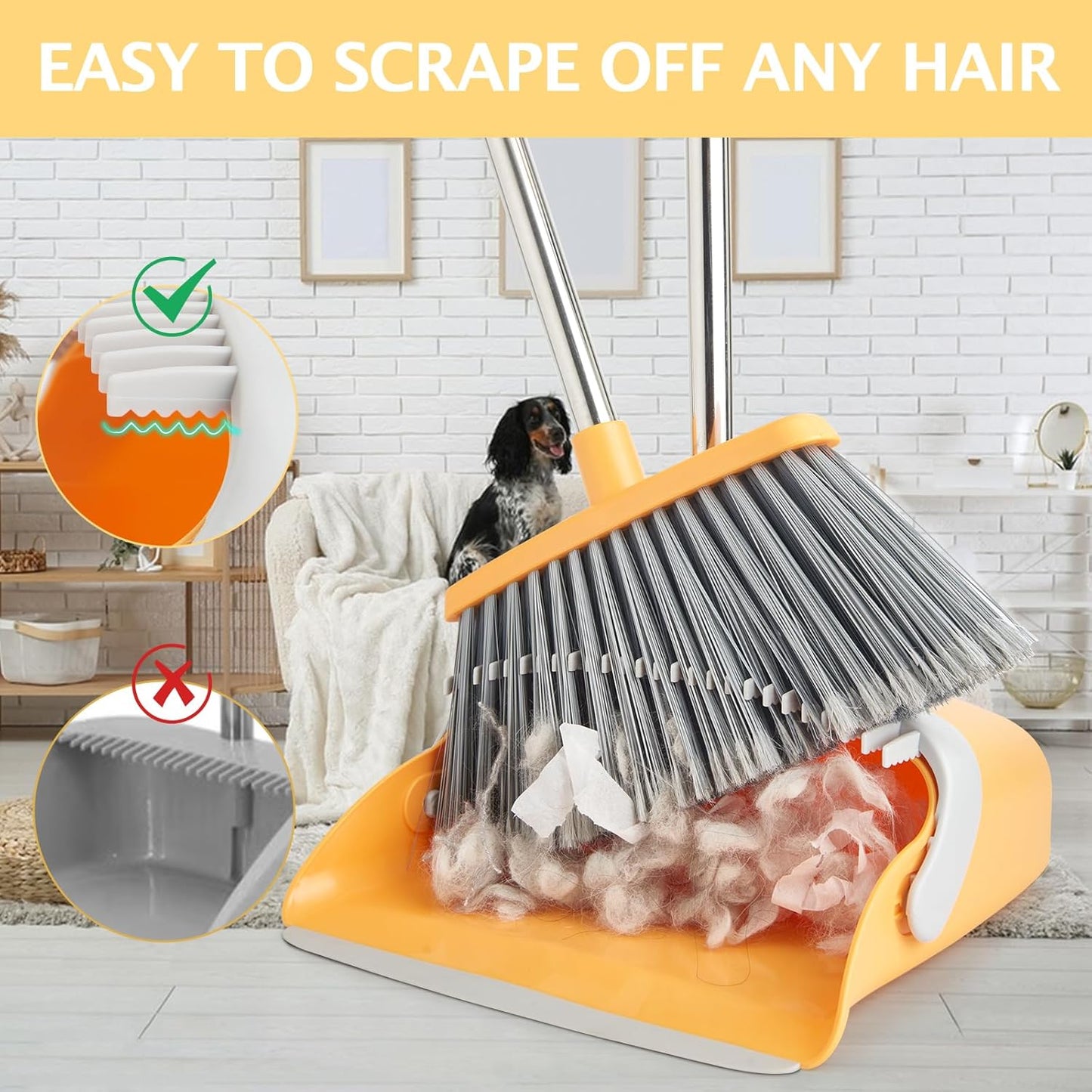 Broom and Dustpan Set, Dustpans with Broom Combo for Home, Heavy Dust Dustpan and Broom Combo, Long Handle Dust Pan and Broom Set for Kitchen, Office, Pet Hair(Gray Yellow)