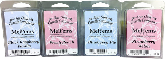 Our Own Candle Company Premium Wax Melt, Black Raspberry Vanilla, Blueberry Pie, Fresh Peach, and Strawberry Melon, Fruit Variety Pack, 6 Cubes, 2.4 oz (4 Pack)