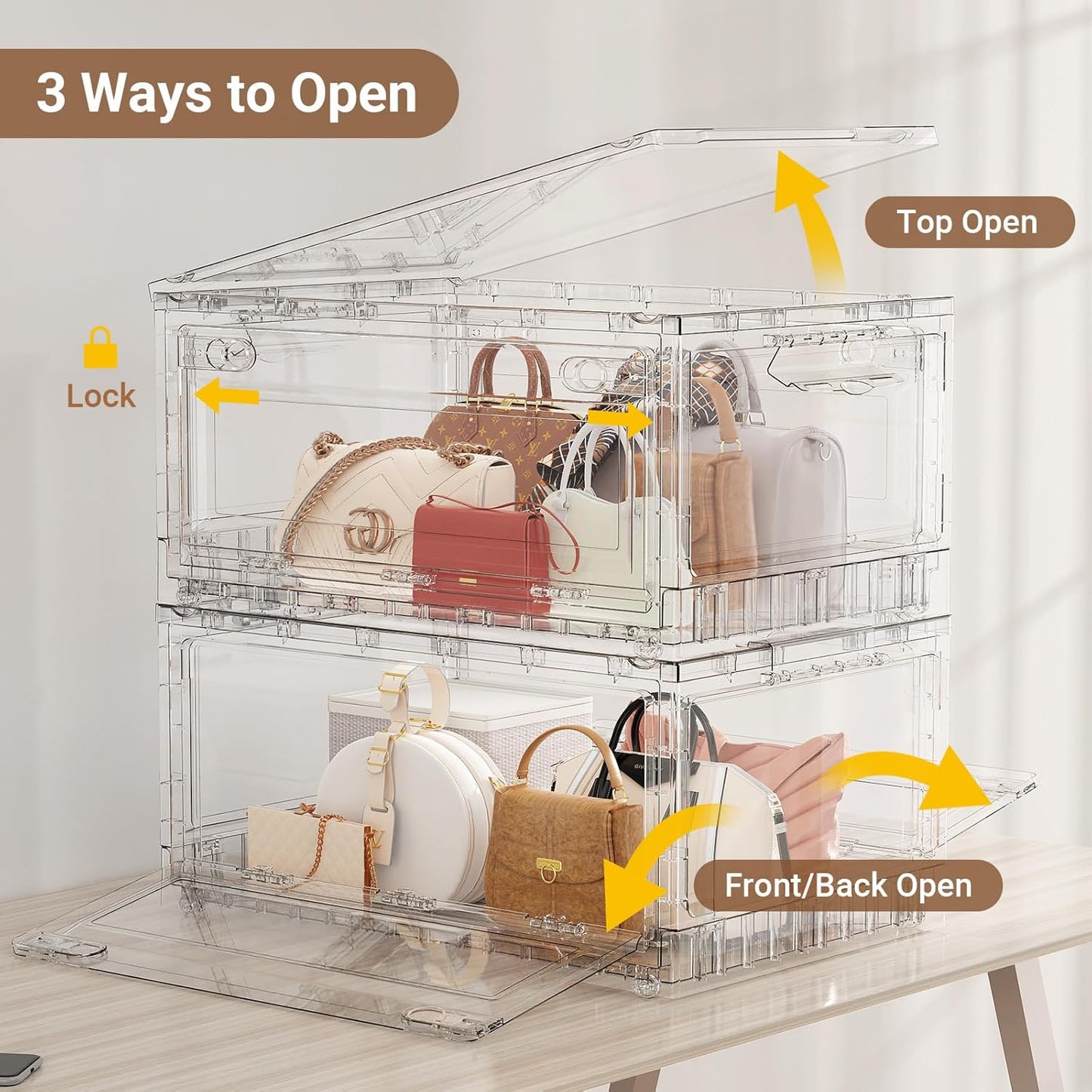 BROVIEW Clear Stackable Storage Bins Drawers, Open Front Large Plastic Storage Bins with Lids, Foldable Closet Organizers and Storage for Wardrobe Cabinets, Pantry, Makeup,4 Pack