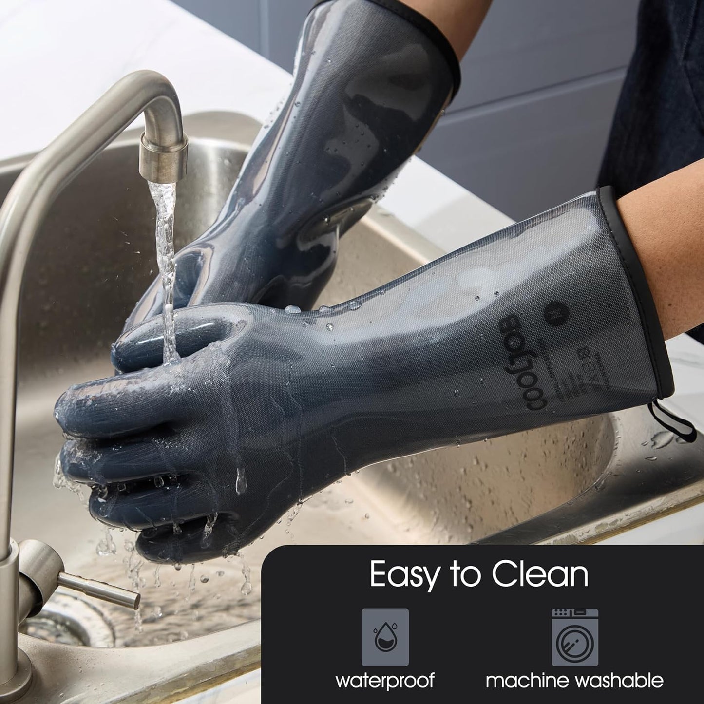 COOLJOB Heat Resistant Oven Gloves, Waterproof Liquid Silicone BBQ Grilling Gloves for Barbecue, Kitchen Cleaning, Baking, Food Contact, Black, Large