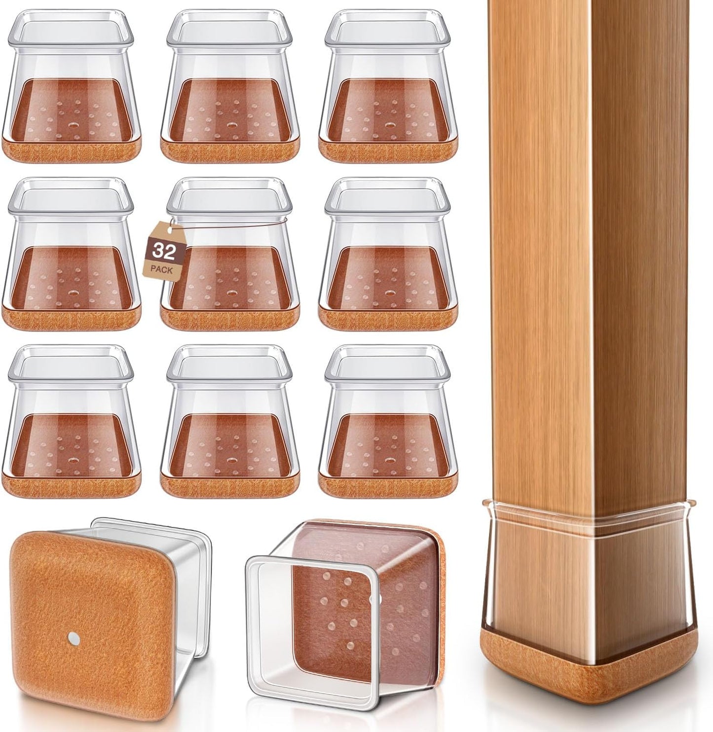 Chair Leg Floor Protectors Square Chair Leg Protectors for Hardwood Floors Silicone Caps Felt Strengthen Bottom Protection Anti-Scratch Reduce Noise 32 Pack Clear Square Fit:1-1/8" to 1-9/16"(27-40mm)