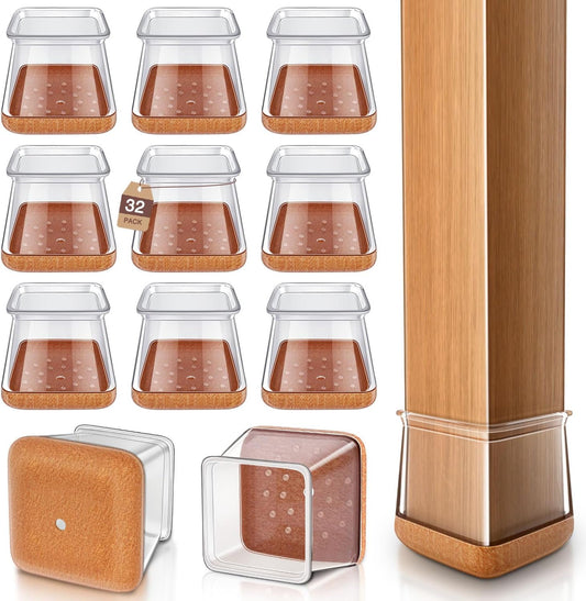 Chair Leg Floor Protectors Chair Leg Protectors for Hardwood Floors Silicone Caps Felt Strengthen Bottom Protection Anti-Scratch Reduce Noise 32 Pack Clear Square XL Fit:1-1/2" to 1-3/4" (38-44mm)