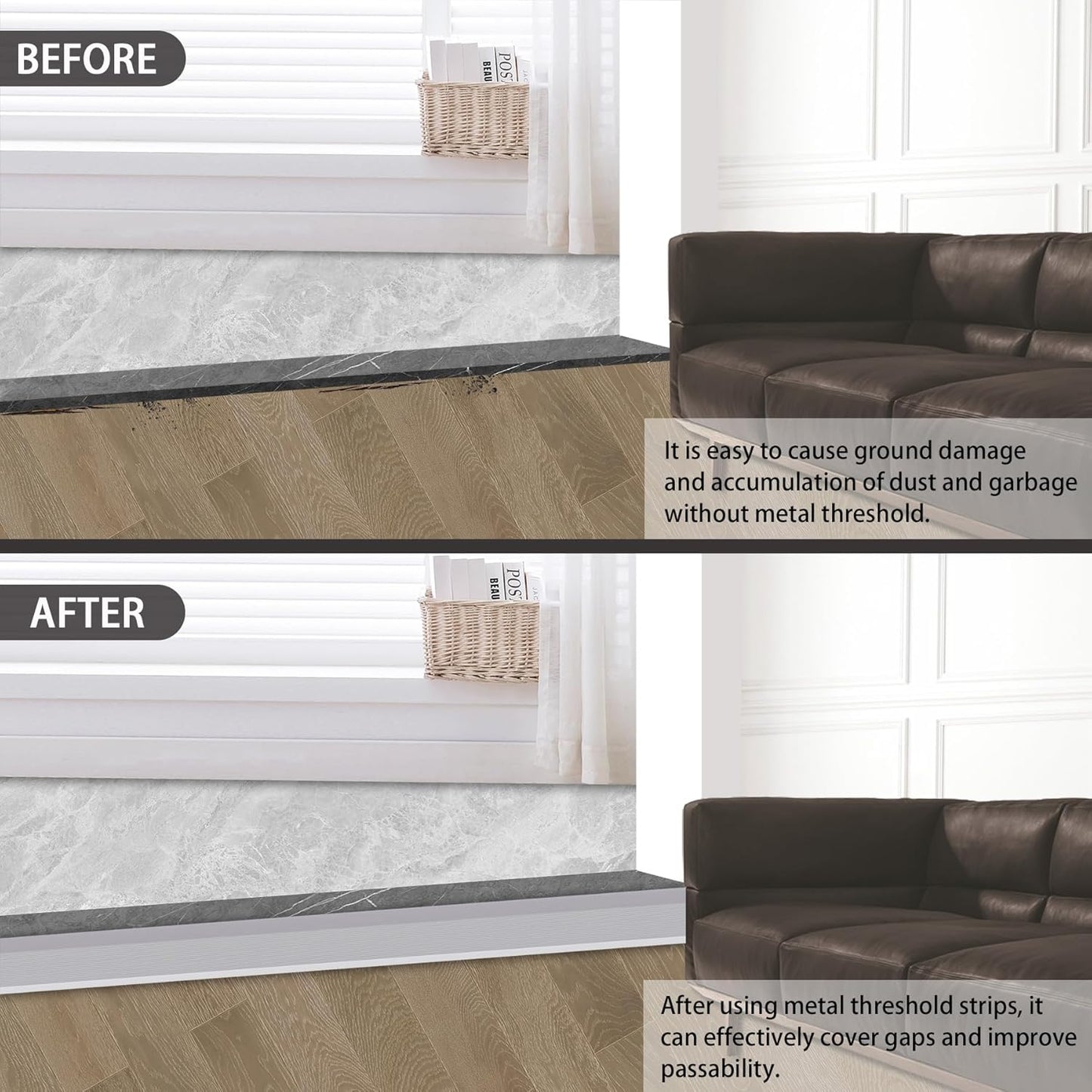 Gaahing Aluminum Floor Transition Threshold Strip, Bridge The Height Gap Between 0.3 to 1.6 inches for Doorway Ramp (2Pcs x 35.4in x 3.9in, Matte Silver)