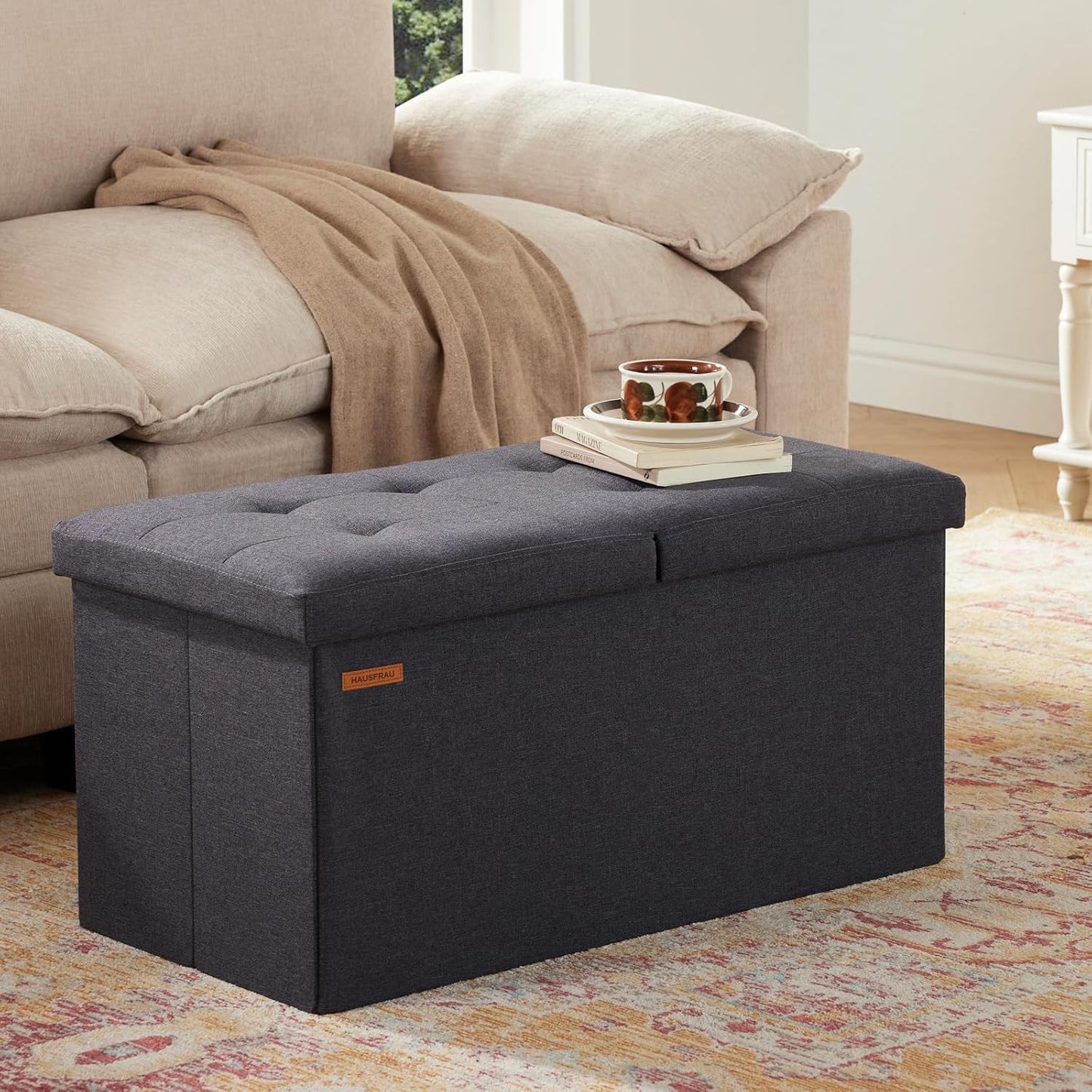 HAUSFRAU - 30 Inches Storage Ottoman Bench with Flipping Lid, Foldable Storage Chest Foot Rest for Living Room, Bedroom, Entryway, Load 660 lb, Linen Dark Gray