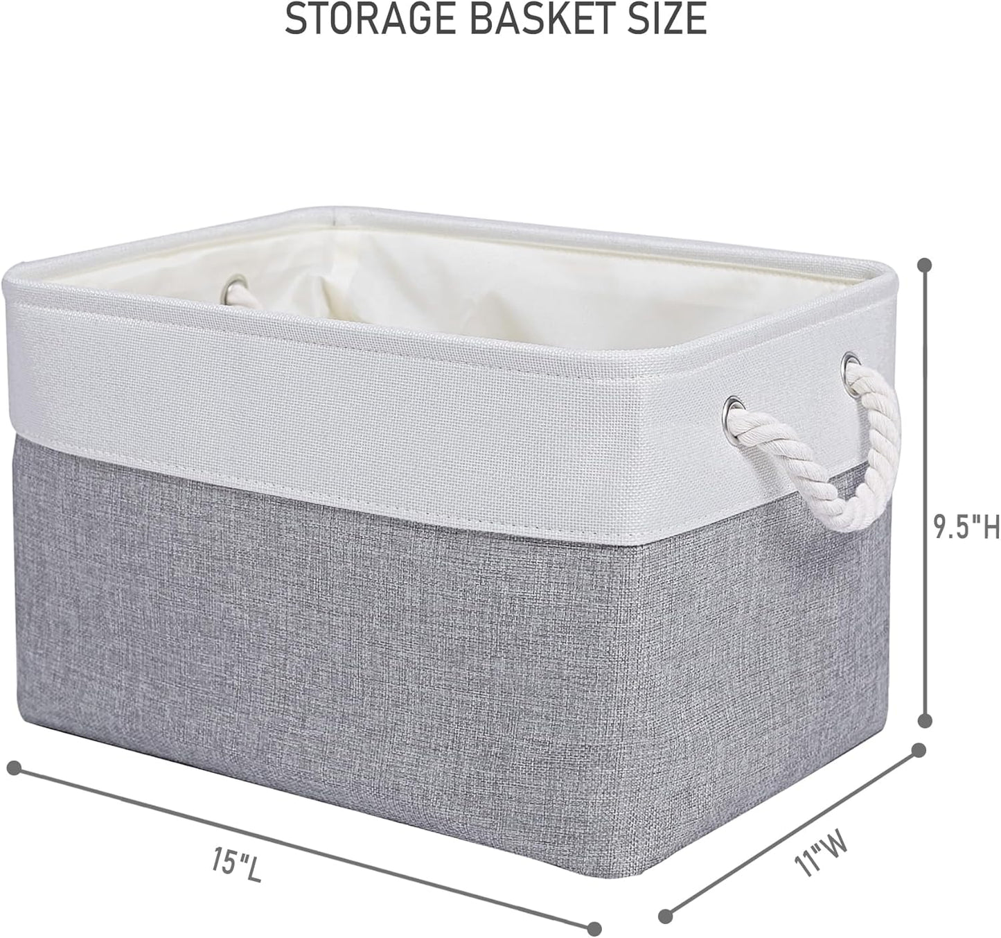 15x11x9.5 Inch Storage Baskets for Shelves,3 Pack Storage Bins，Foldable Organizer Boxes, Decorative Storage Basket for Organizing Clothes, Toys, Books, Foldable Cloth Baskets (White&Gray)