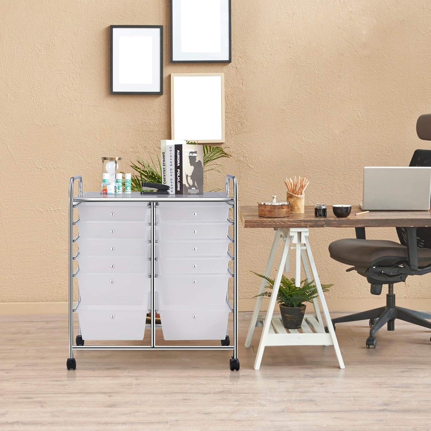 GOFLAME 12-Drawer Rolling Storage Cart, Multipurpose Organizer Cart with 2 Sizes Plastic Drawers, Mobile Utility Cart with Lockable Casters for School, Home Office, Beauty Salon, Clear