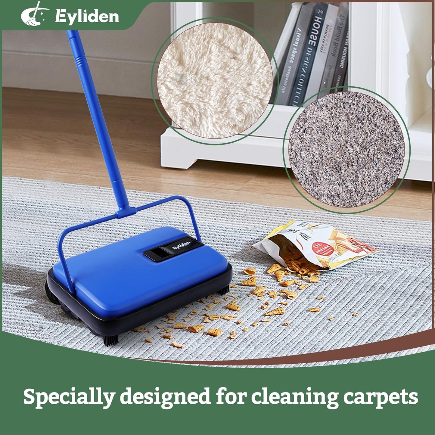 Eyliden Carpet Sweeper, Mini Size Lightweight Hand Push - No Noise, Non-Electric, Easy Manual Sweeping Only for Carpet Cleaning (Blue)