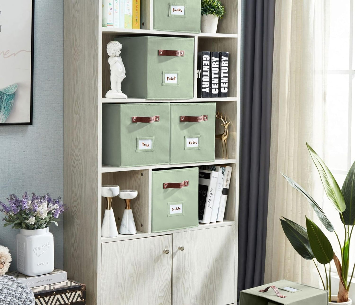 DECOMOMO Storage Cubes, 13x13x13 Storage Cube Bins with Labels, Fabric Organizer Bins (13" / 6pcs, Sage Green)