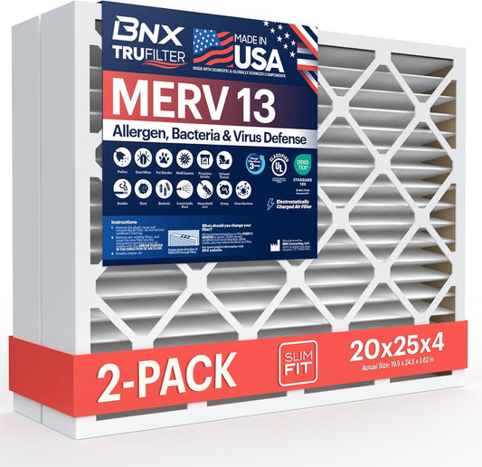 BNX TruFilter 20x25x4 (19.5’’ x 24.5’’ x 3.63‘’ Slim Fit) MERV 13 Air Filter (2-Pack) - MADE IN USA - Air Conditioner HVAC AC Furnace Filters Health, Allergies, Mold, Bacteria, Smoke, MPR 1900 FPR 10
